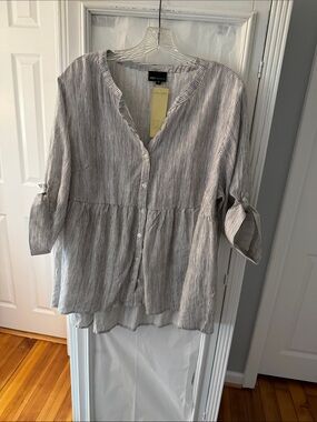 NWT Jones New York Black and White Striped Button-Front Peplum Blouse Size 3X